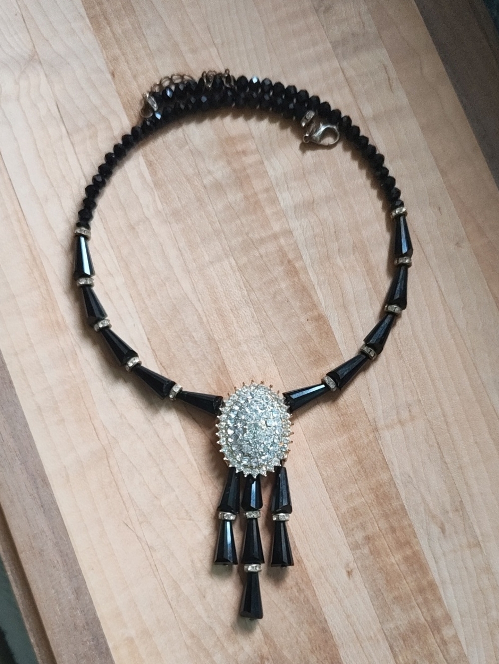 Vintage Style Balck Beaded Choker Necklace, Gold Rhinestone Pendant